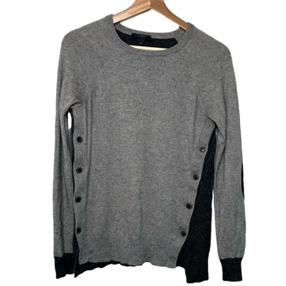 J Crew Womens Size XS Colorblock Wool Blend Crewneck Sweater Grey Black Buttons